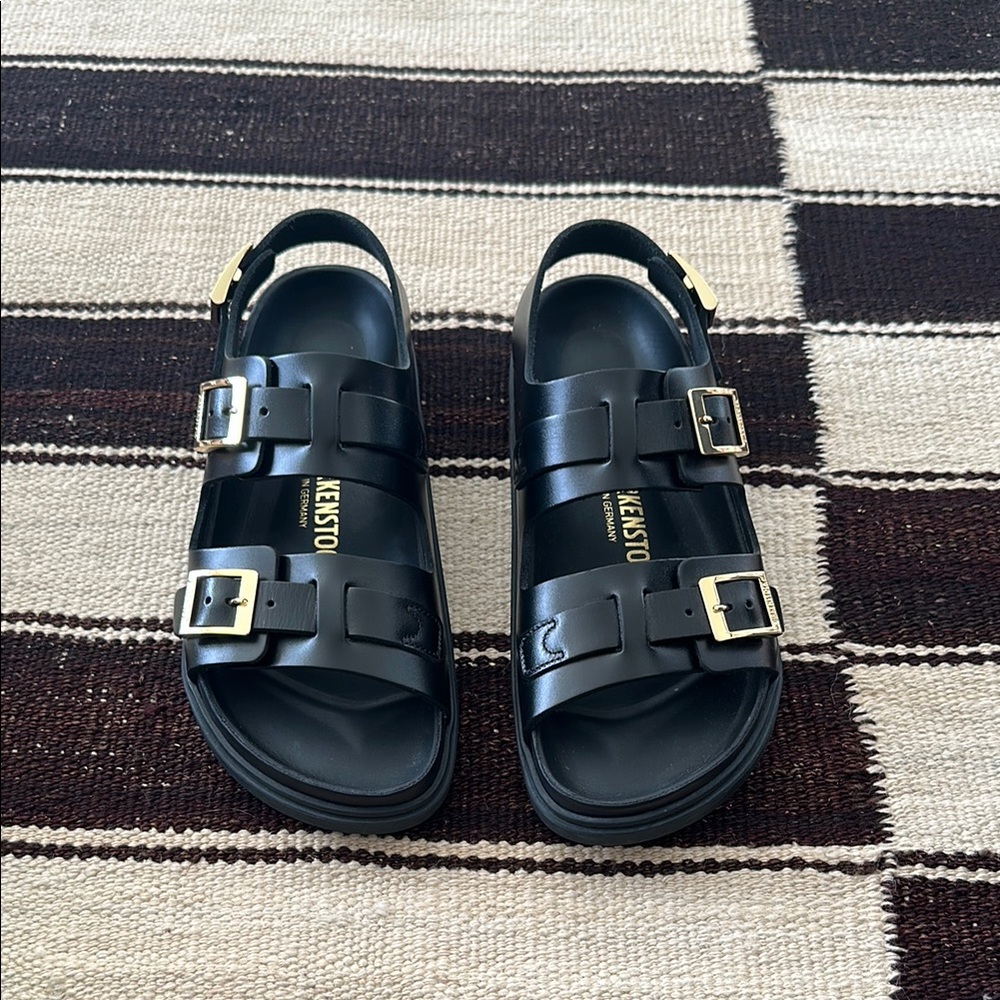 Birkenstock Cannes Style Black Leather Sandals with Gold Buckles SZ 39